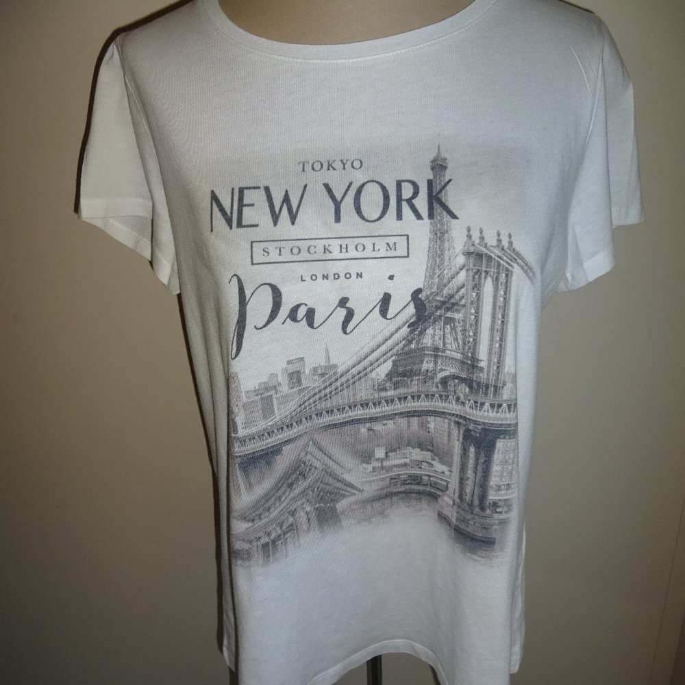 Womens White Tex Top T Tee Shirt L Tokyo New York Stockholm London Paris